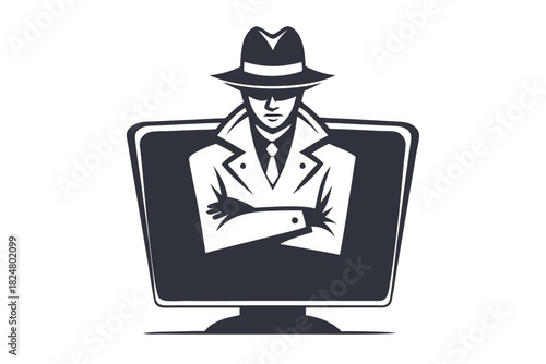 Silhouette detective stands with hands in his trench coat pockets on white backdrop