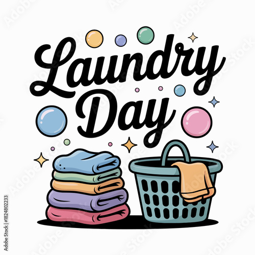 A playful design featuring a neatly folded stack of clothes and a laundry basket.