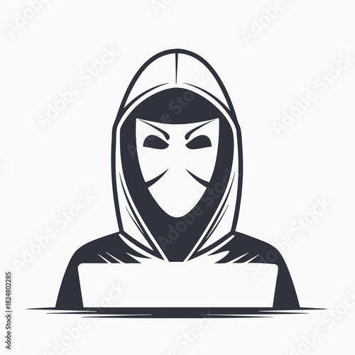 Masked figure under a hood works on a laptop with unknown intent in anonymity