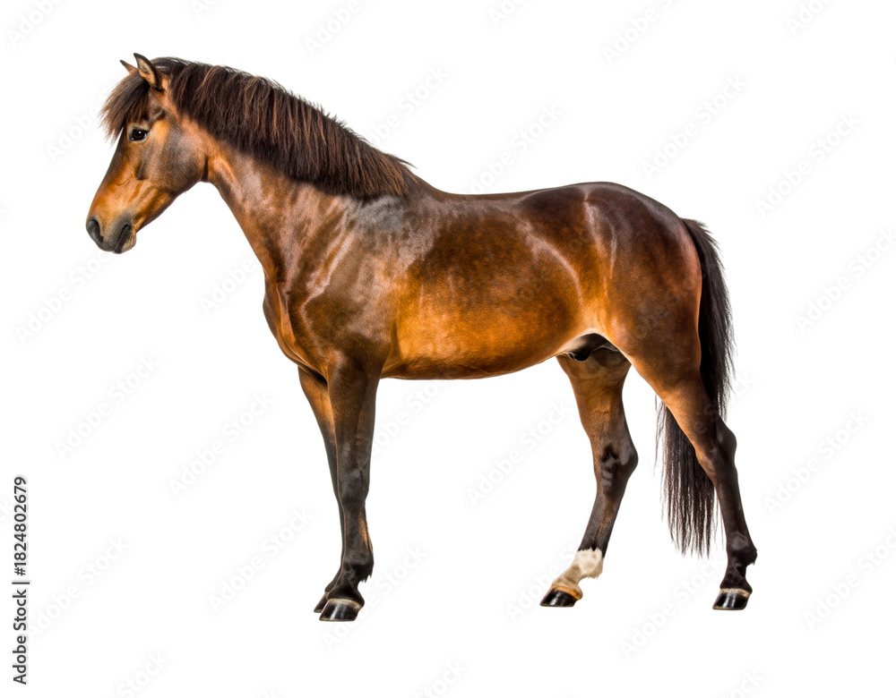 Fototapeta premium Brown horse standing, side view, with a dark mane and tail, isolated on transparent background