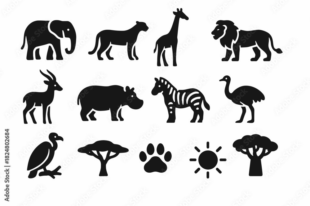 Fototapeta premium Silhouette icons of african wildlife and nature symbols