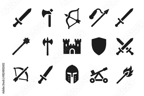 Medieval weapon icons set featuring swords, axes, and shields