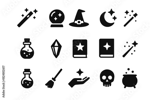 Magical icons set with wand, crystal ball, spellbook, and cauldron
