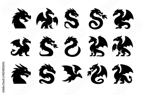 Silhouette collection of dragon icons in various poses and styles