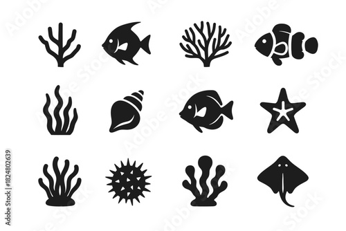 Collection of marine life icons featuring fish, coral, and sea creatures in black silhouette