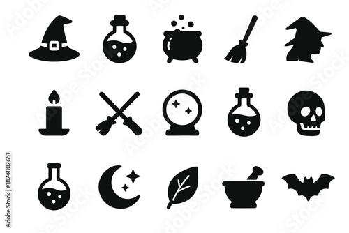 Witchcraft symbols: witch hat, cauldron, broomstick, magic potions, bat, crystal ball, skull