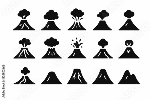 Collection of simple volcano icons: erupting and dormant styles