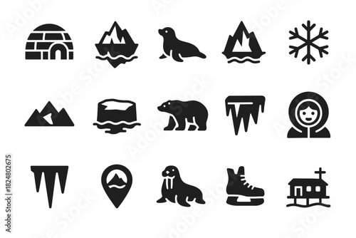 Winter icons set: igloo, polar bear, iceberg, seal, snowflake, skates