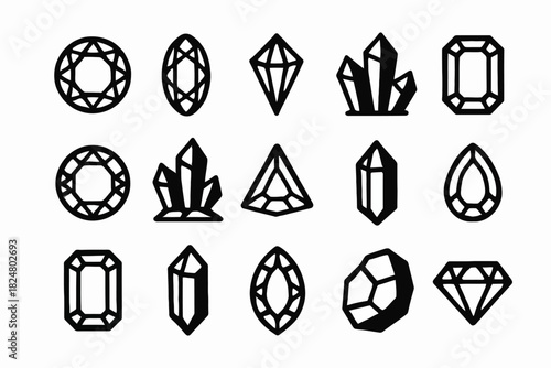 Set of various geometric gemstone and crystal icons