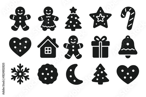 Black cookie icon set featuring holiday shapes and festive designs