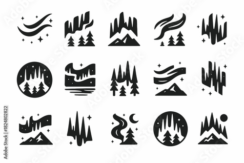 Set of minimalist black mountain and forest icons with aurora elements
