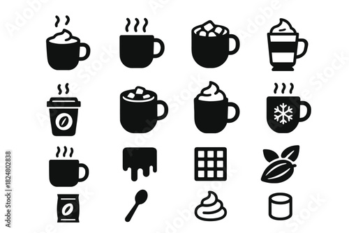 Variety of hot beverage icons and ingredients for cafe and dessert themes