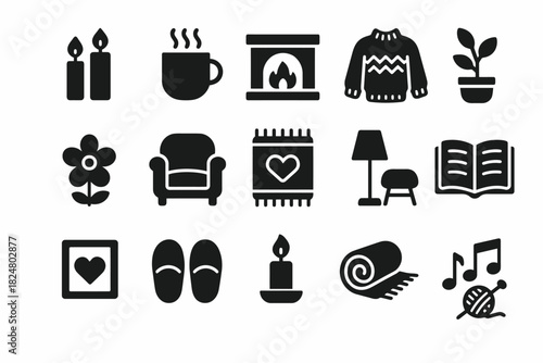 Cozy home elements icons set - candles, mug, fireplace, sweater, plant, flower, armchair, blanket, lamp, book