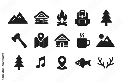 Camping adventure icons: campfire, backpack, map, nature, fishing