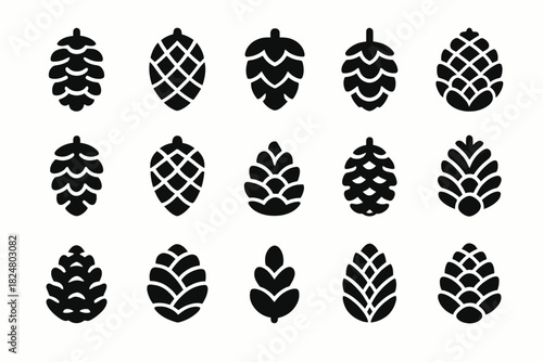 Variety of black silhouette pine cones in geometric patterns