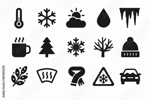 Winter weather icons: snowflake, thermometer, hat, tree, scarf