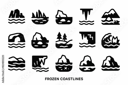 Collection of black silhouette frozen coastline icons with icebergs and waves