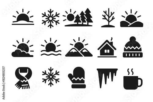 Winter and nature icons: sun, snowflake, trees, mountains, mug, scarf, and more