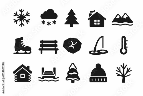 Winter icon set with snowflake, cloud, tree, house, and mountain symbols