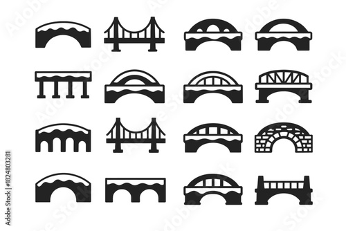 Collection of various bridge icon silhouettes in black and white