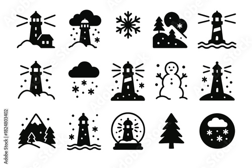 Winter lighthouse icons with snowflakes and winter scenes