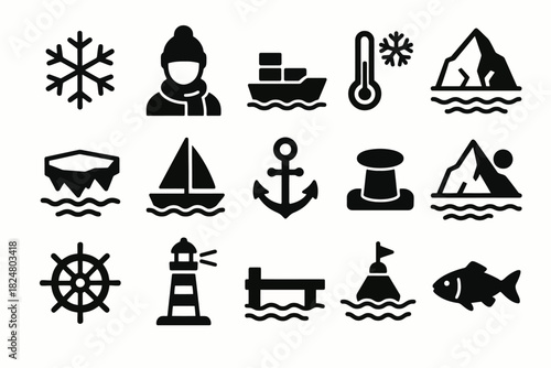 Winter nautical icons: snowflakes, ships, icebergs, anchors, lighthouse