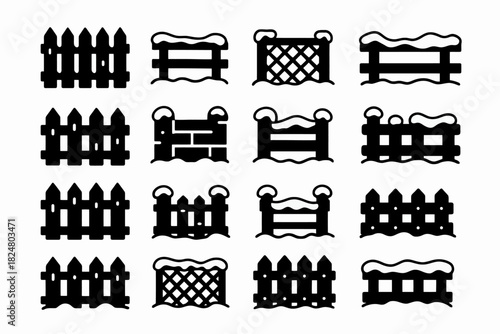 Collection of winter fences with snow in various designs