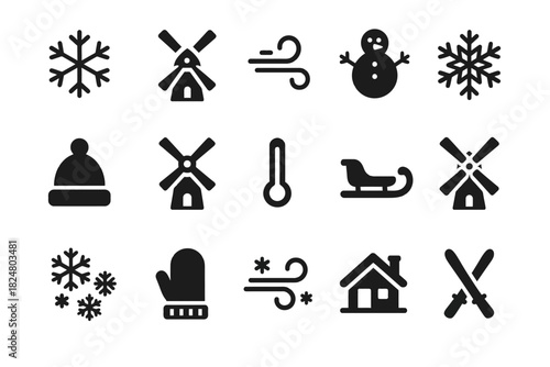 Winter icons set: snowflakes, windmills, snowman, winter hat, gloves, and skiing symbols