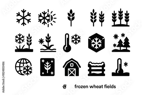 Set of winter wheat and snowflake icons depicting frozen farm scenes
