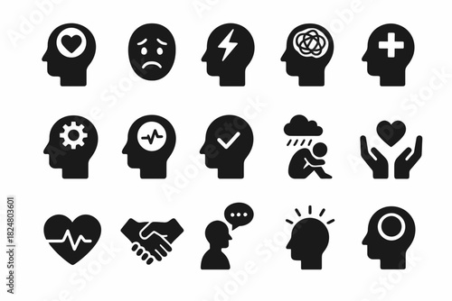 Mental health icons: emotions, therapy, support, awareness symbols set