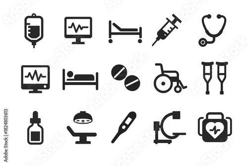 Medical equipment icons: infusion monitor bed syringe stethoscope