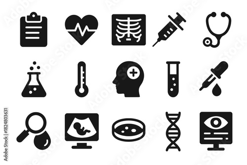 Medical icons set: stethoscope, dna, thermometer, syringe, x-ray, microscope, flask, ultrasound