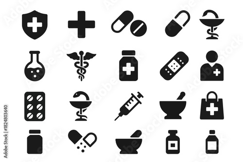 Medical icons: healthcare symbols including pills, syringe, mortar, and pestle