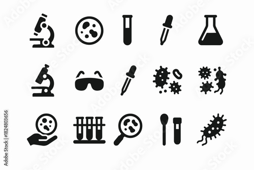Laboratory equipment icons: microscope, petri dish, test tube, bacteria, dropper