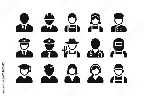 Diverse occupation icon set featuring various professions in black silhouettes