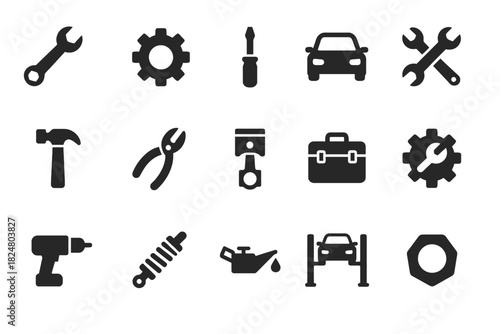 Automobile repair tool icons: wrench, screwdriver, car, hammer, pliers