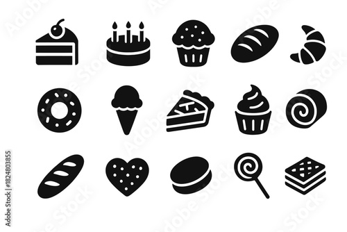 Collection of black silhouette bakery icons including cake, cupcake, bread, and doughnut
