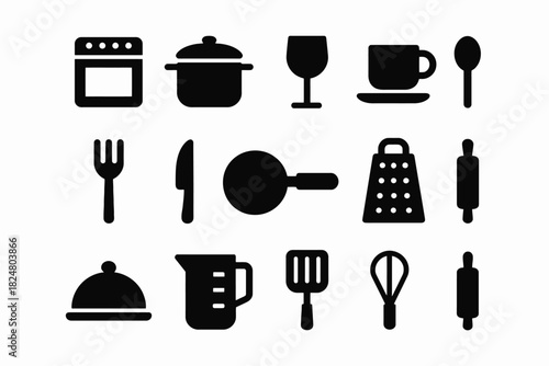 Silhouette icons of kitchen utensils and appliances on white background