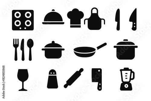 Kitchen utensil icons: stove, chef hat, frying pan, blender, cutlery, knife, apron, pot