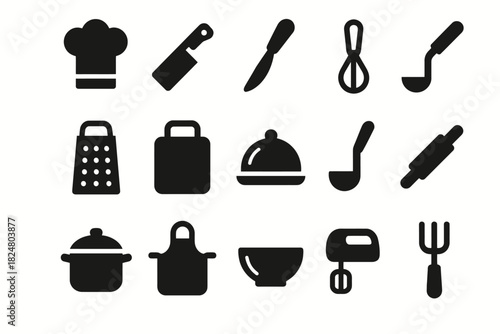 Set of black kitchen utensil icons including chef hat, knife, and rolling pin