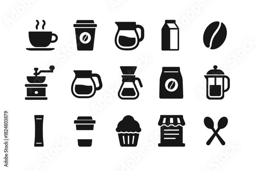 Coffee icon set: cups, beans, french press, and more
