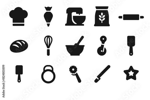 Collection of baking icons: chef hat, mixer, rolling pin, bread, whisk, spatula
