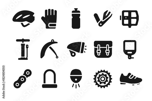 Bicycle accessories icons: helmet, gloves, water bottle, tools, pedals, pump, lights, lock