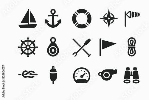 Nautical icon set: sailboat, anchor, lifebuoy, compass, wind cone, helm, oars