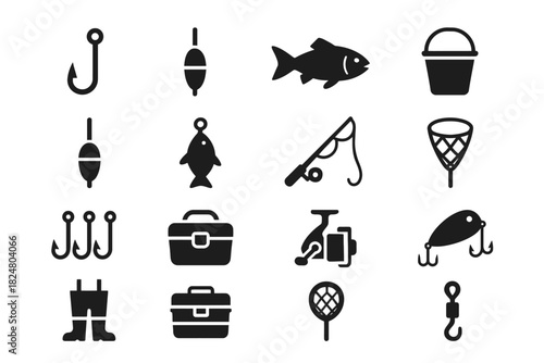Fishing equipment icons: hooks, rods, fish, and more in black silhouette set