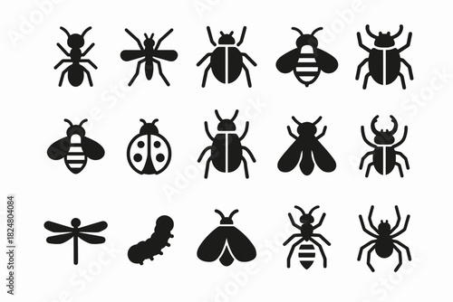 Collection of insect silhouettes including ants, bees, beetles, ladybug, and dragonfly
