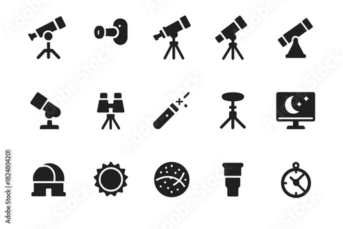 Astronomy icon set featuring telescopes, binoculars, observatory, and celestial symbols