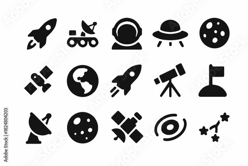 Collection of space exploration icons: rocket, rover, telescope, planets, satellites