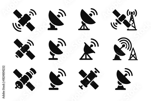 Satellite and communication icon set featuring antennas and dishes