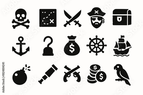 Pirate icons collection: skull, treasure map, sword, pirate, ship, parrot, anchor